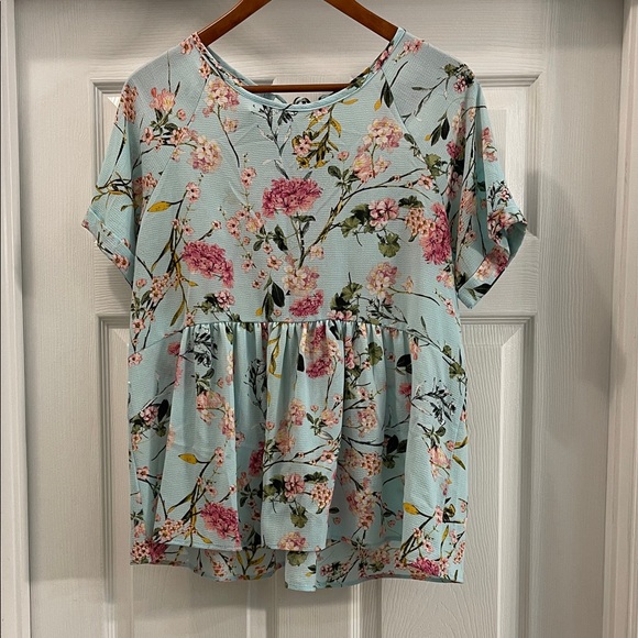 LARA Tops - LARA Floral Print Blouse - Light Blue and Pink Medium